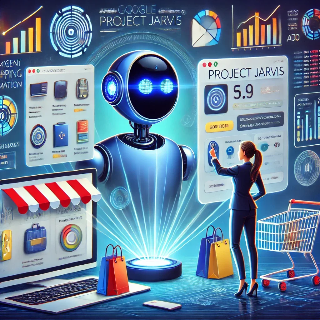 A high-resolution illustration depicting the industry applications of Google’s Project Jarvis in online shopping and business automation